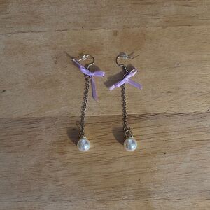 Purple Bow and Pearl Drop Earrings